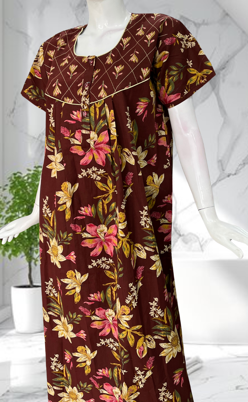 Dark Brown Floral Pure Cotton Nighty. Pure Durable Cotton | Laces and Frills