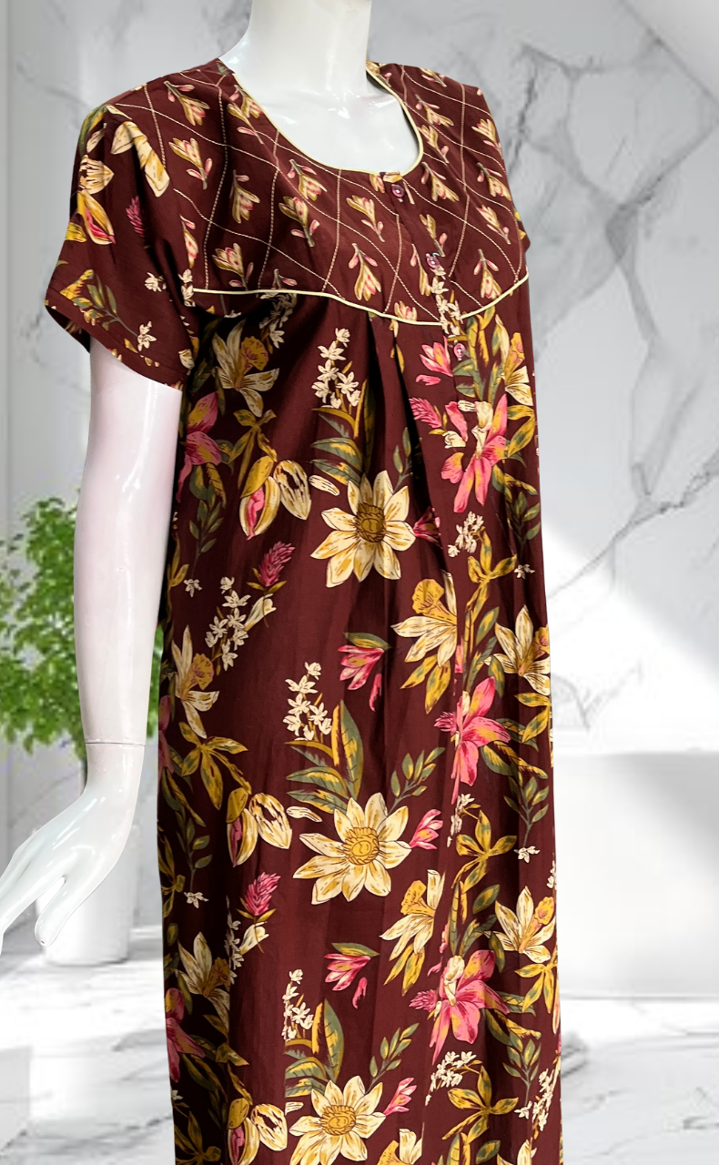 Dark Brown Floral Pure Cotton Nighty. Pure Durable Cotton | Laces and Frills