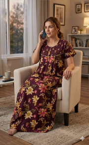 Dark Brown Floral Pure Cotton Nighty. Pure Durable Cotton | Laces and Frills - Laces and Frills