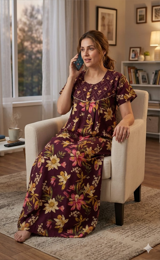 Dark Brown Floral Pure Cotton Nighty. Pure Durable Cotton | Laces and Frills - Laces and Frills