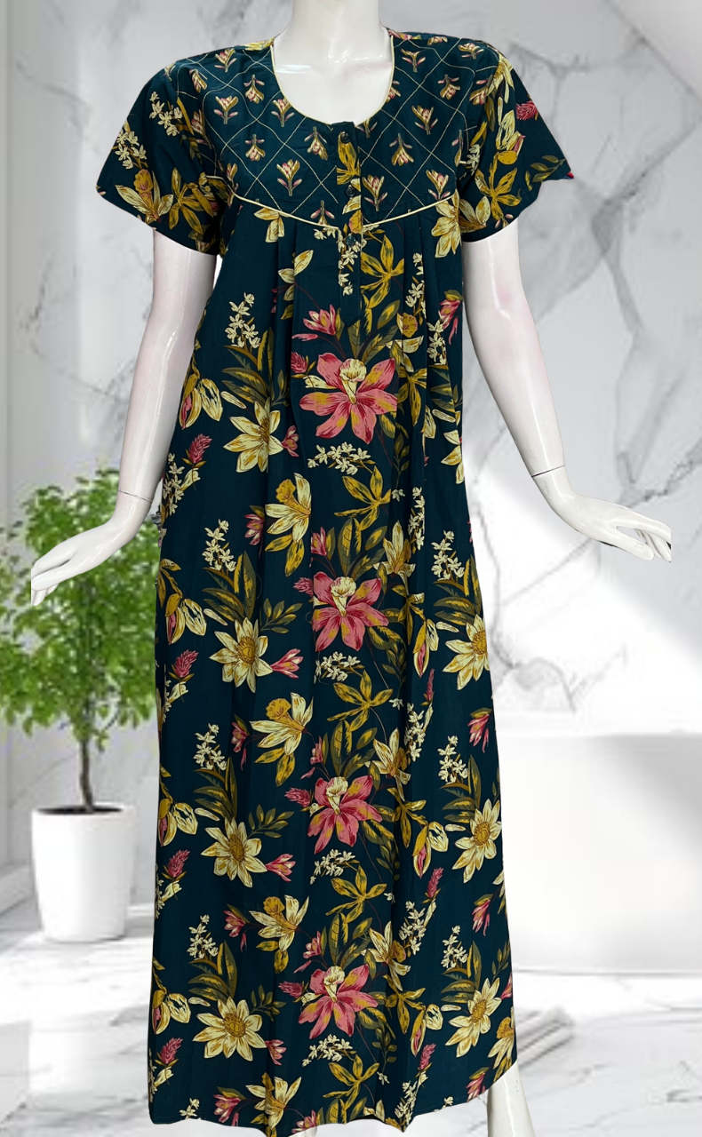 Indigo Blue Floral Pure Cotton Nighty. Pure Durable Cotton | Laces and Frills