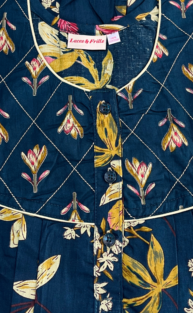 Indigo Blue Floral Pure Cotton Nighty. Pure Durable Cotton | Laces and Frills