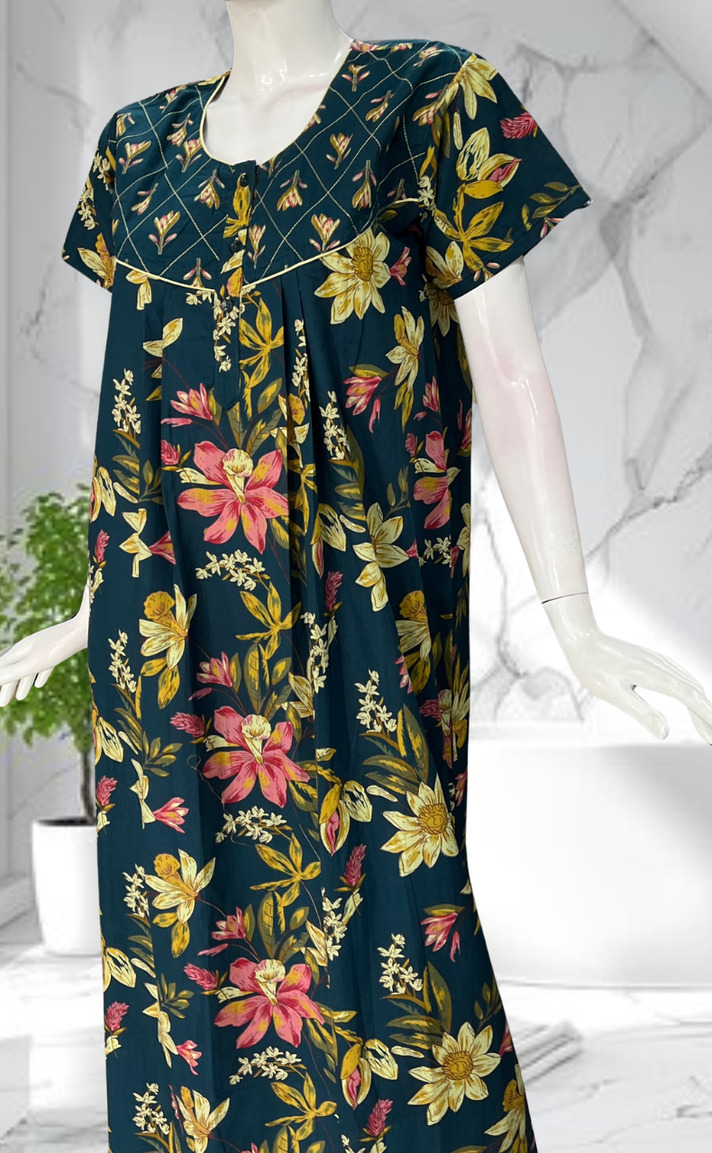 Indigo Blue Floral Pure Cotton Nighty. Pure Durable Cotton | Laces and Frills