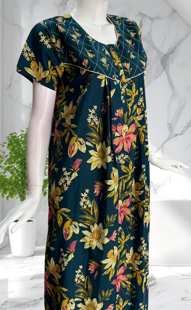 Indigo Blue Floral Pure Cotton Nighty. Pure Durable Cotton | Laces and Frills