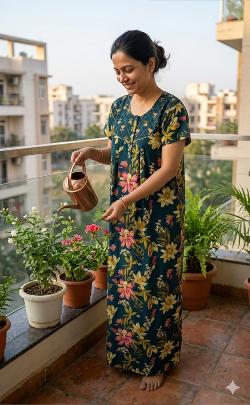 Indigo Blue Floral Pure Cotton Nighty. Pure Durable Cotton | Laces and Frills - Laces and Frills