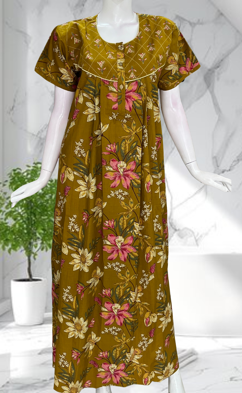 Mustard Floral Pure Cotton Nighty. Pure Durable Cotton | Laces and Frills