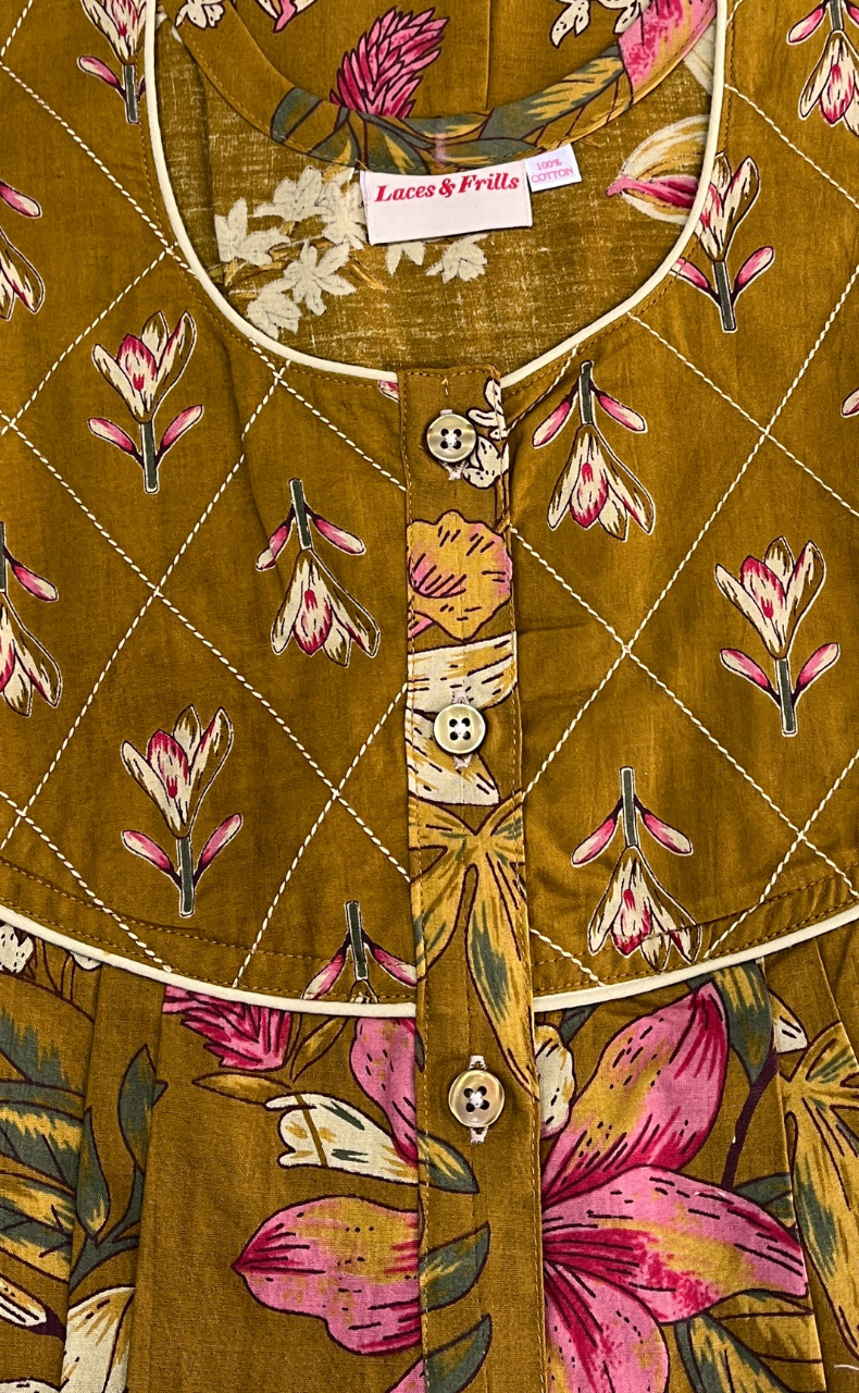 Mustard Floral Pure Cotton Nighty. Pure Durable Cotton | Laces and Frills