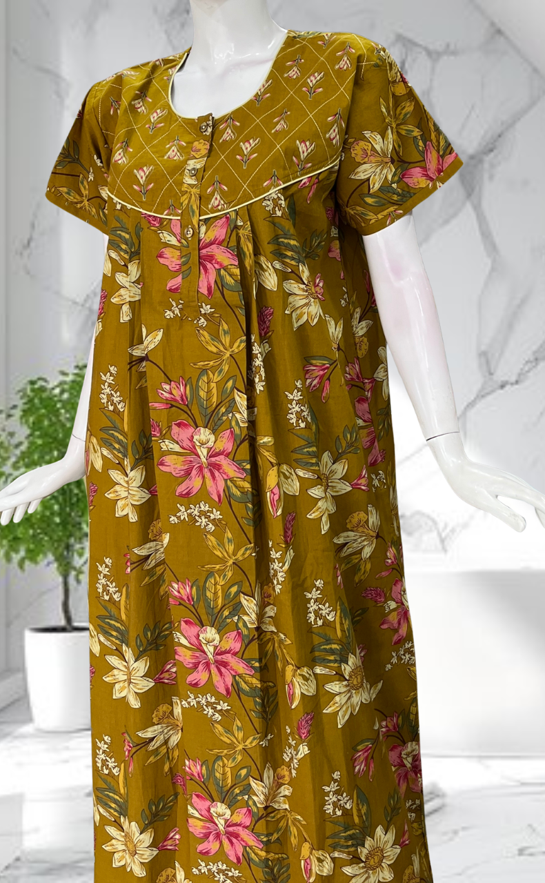 Mustard Floral Pure Cotton Nighty. Pure Durable Cotton | Laces and Frills