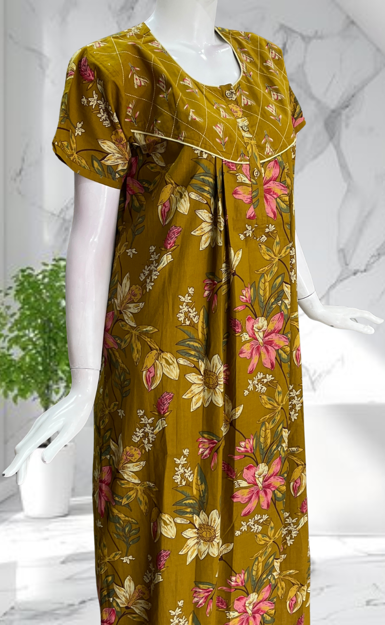 Mustard Floral Pure Cotton Nighty. Pure Durable Cotton | Laces and Frills