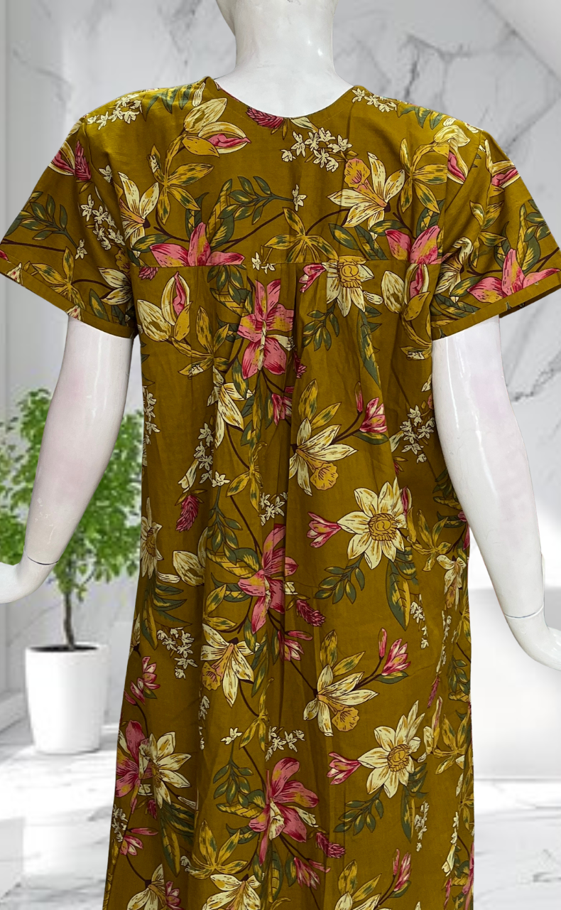 Mustard Floral Pure Cotton Nighty. Pure Durable Cotton | Laces and Frills