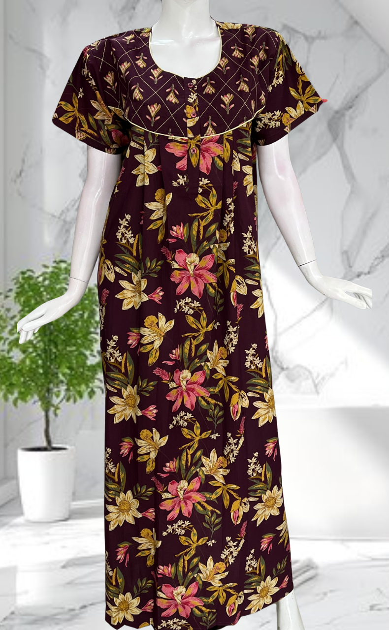 Wine Colour Floral Pure Cotton Nighty. Pure Durable Cotton | Laces and Frills