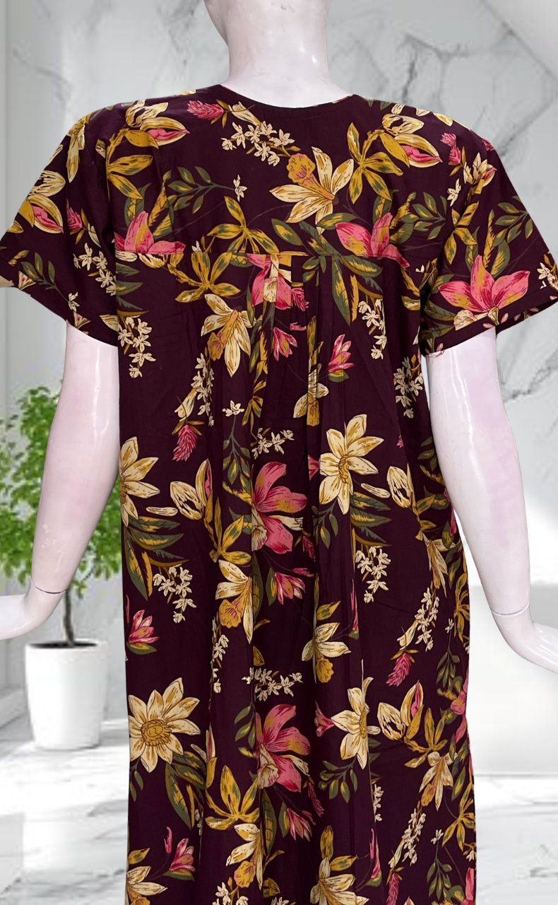 Wine Colour Floral Pure Cotton Nighty. Pure Durable Cotton | Laces and Frills