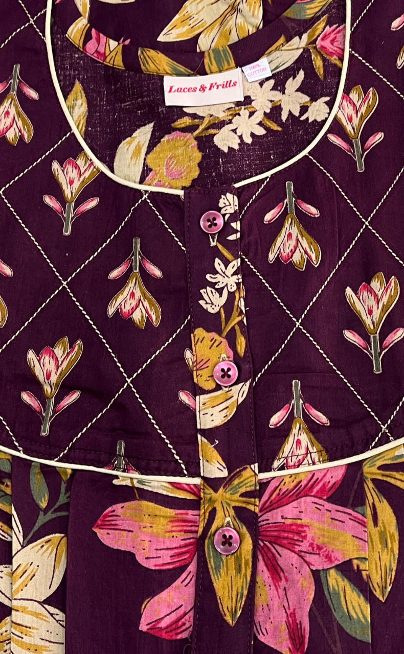 Wine Colour Floral Pure Cotton Nighty. Pure Durable Cotton | Laces and Frills