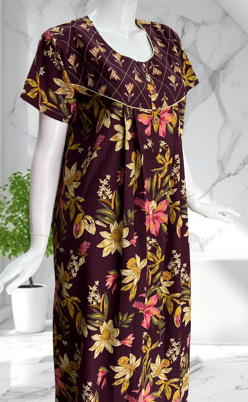Wine Colour Floral Pure Cotton Nighty. Pure Durable Cotton | Laces and Frills