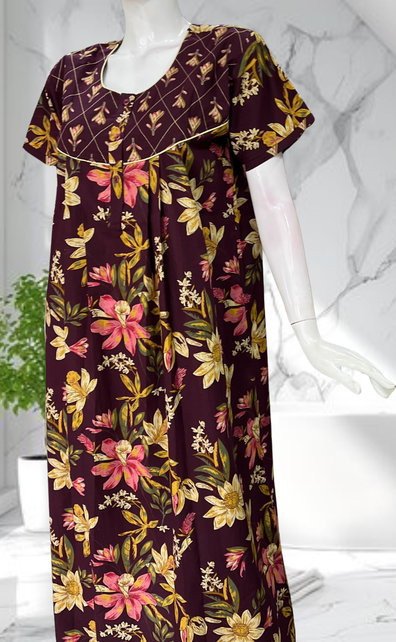 Wine Colour Floral Pure Cotton Nighty. Pure Durable Cotton | Laces and Frills