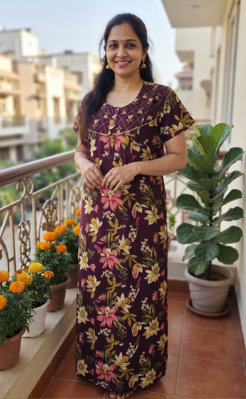 Wine Colour Floral Pure Cotton Nighty. Pure Durable Cotton | Laces and Frills