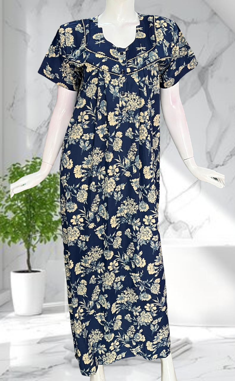 Blue Floral Pure Cotton Nighty. Pure Durable Cotton | Laces and Frills