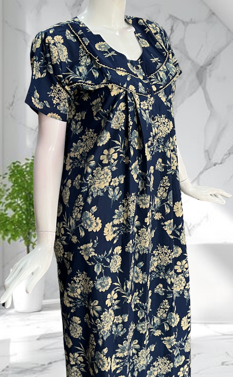 Blue Floral Pure Cotton Nighty. Pure Durable Cotton | Laces and Frills