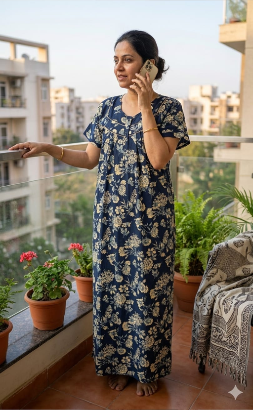 Blue Floral Pure Cotton Nighty. Pure Durable Cotton | Laces and Frills - Laces and Frills