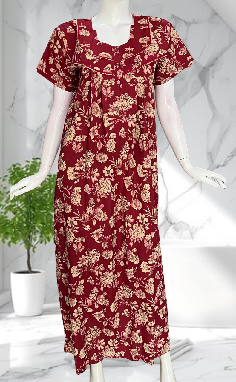 Maroon Floral Pure Cotton Nighty. Pure Durable Cotton | Laces and Frills