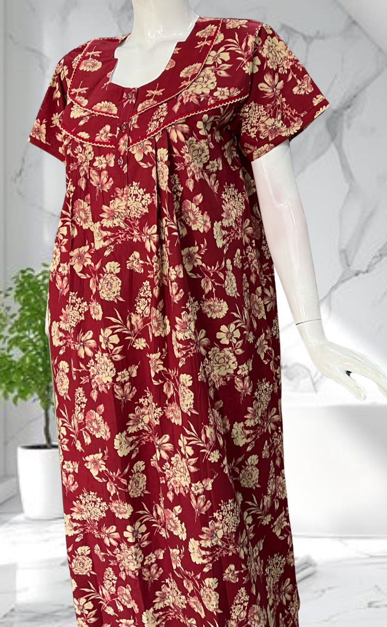 Maroon Floral Pure Cotton Nighty. Pure Durable Cotton | Laces and Frills