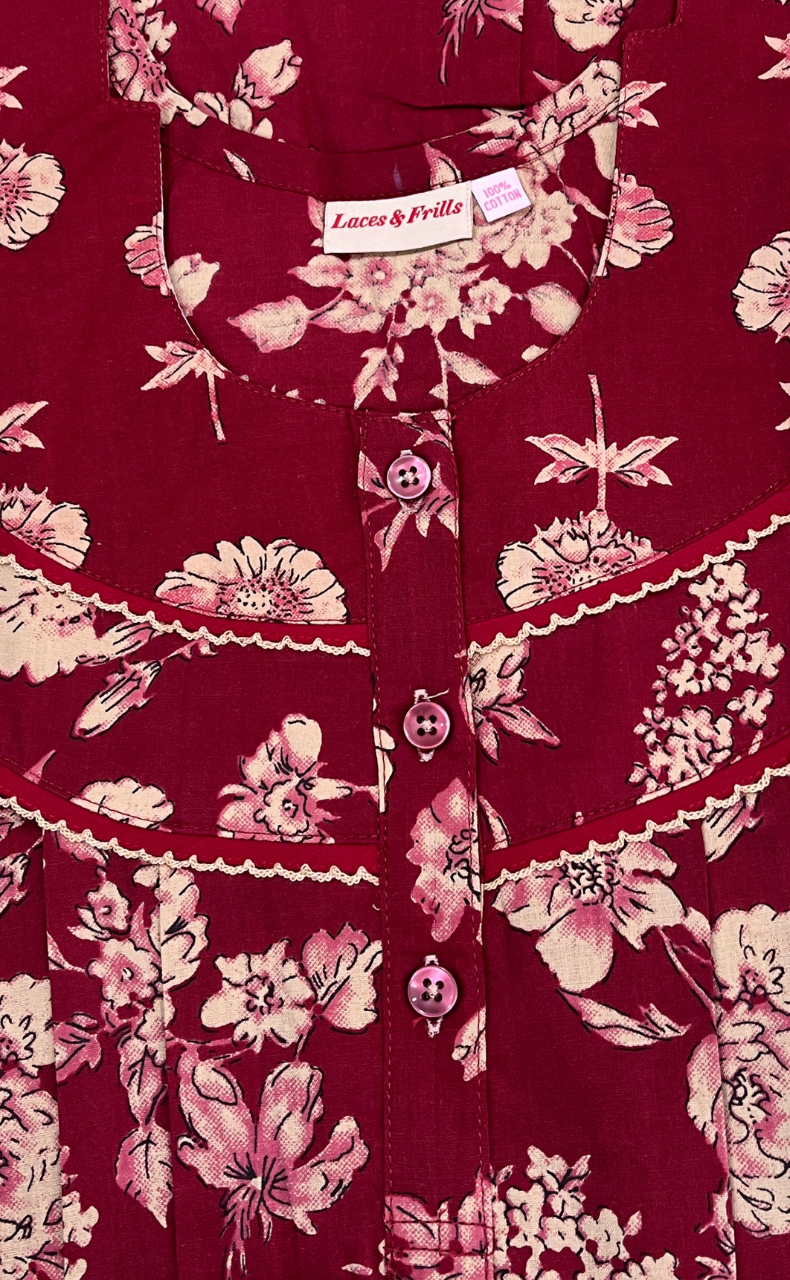 Maroon Floral Pure Cotton Nighty. Pure Durable Cotton | Laces and Frills