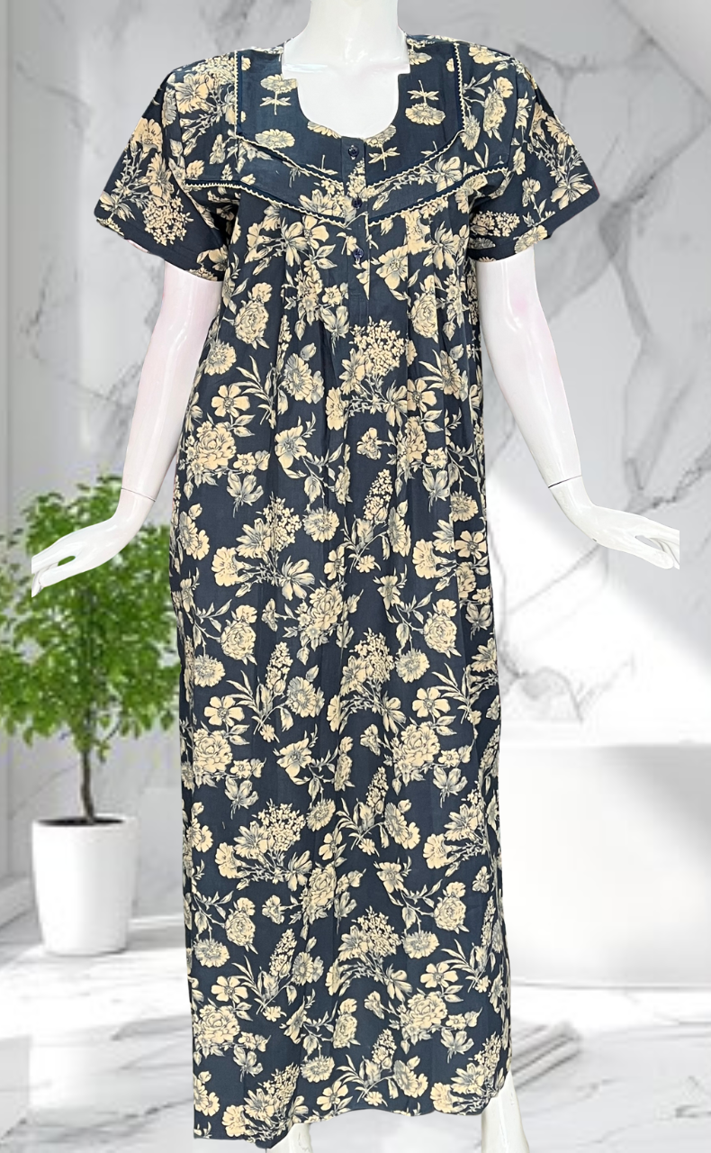 Indigo Blue Floral Pure Cotton Nighty. Pure Durable Cotton | Laces and Frills