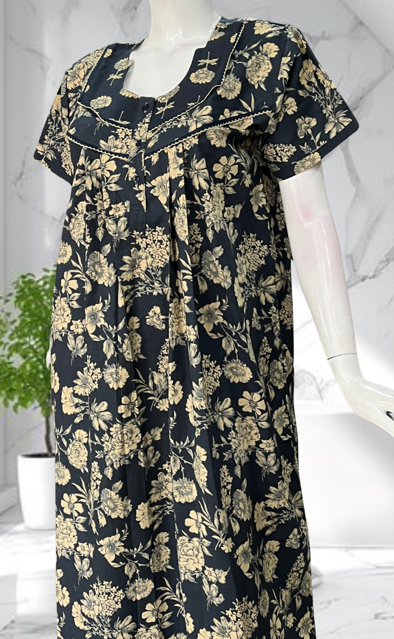 Indigo Blue Floral Pure Cotton Nighty. Pure Durable Cotton | Laces and Frills