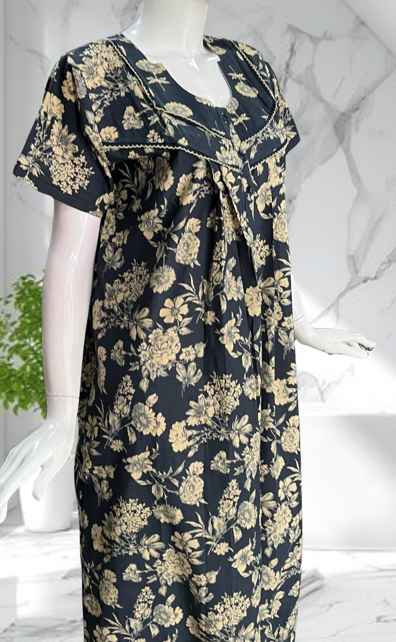 Indigo Blue Floral Pure Cotton Nighty. Pure Durable Cotton | Laces and Frills