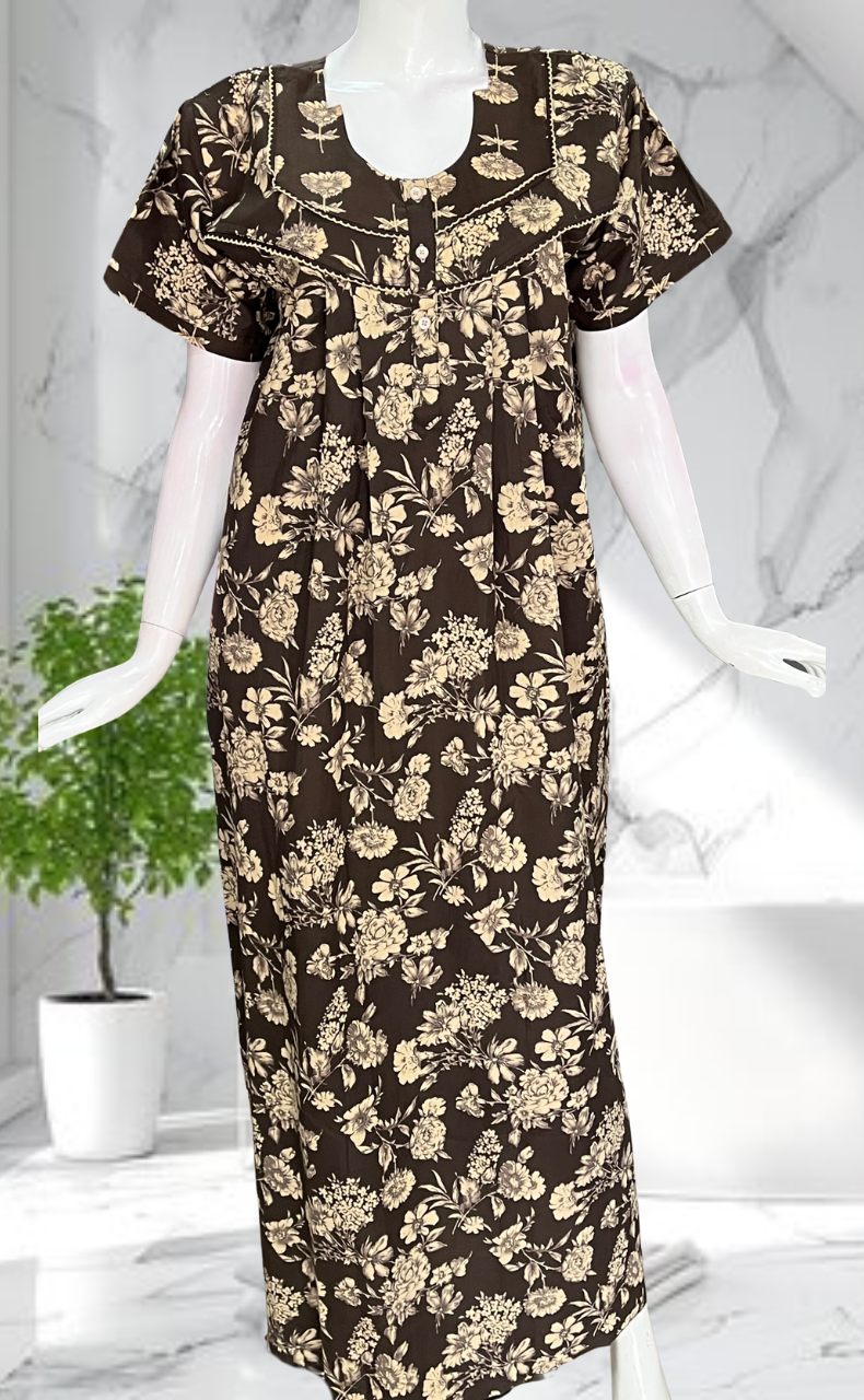 Brown Floral Pure Cotton Nighty. Pure Durable Cotton | Laces and Frills