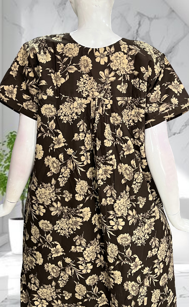 Brown Floral Pure Cotton Nighty. Pure Durable Cotton | Laces and Frills