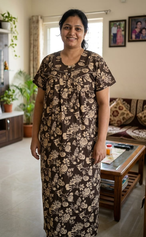 Brown Floral Pure Cotton Nighty. Pure Durable Cotton | Laces and Frills - Laces and Frills