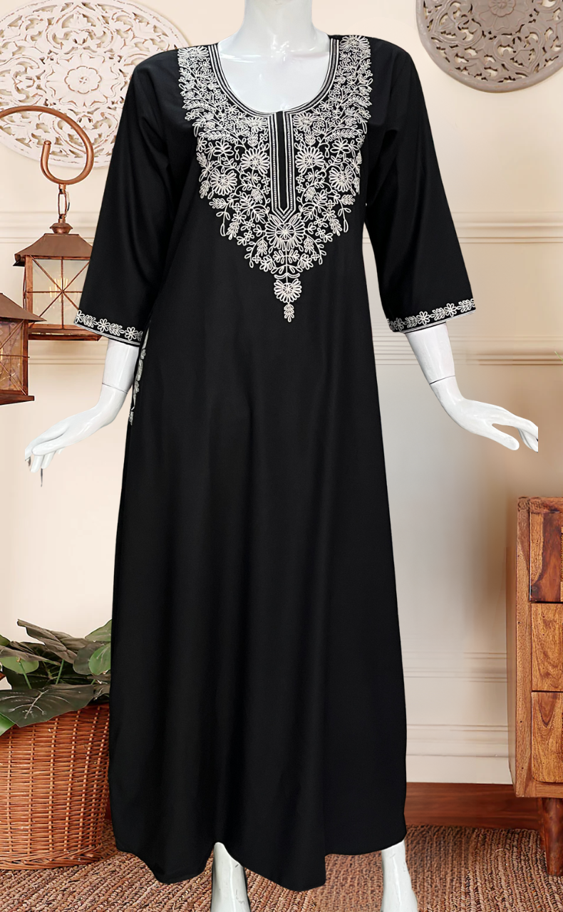Black Embroidery Soft Cotton Long Sleeves Nighty. Soft Breathable Fabric | Laces and Frills