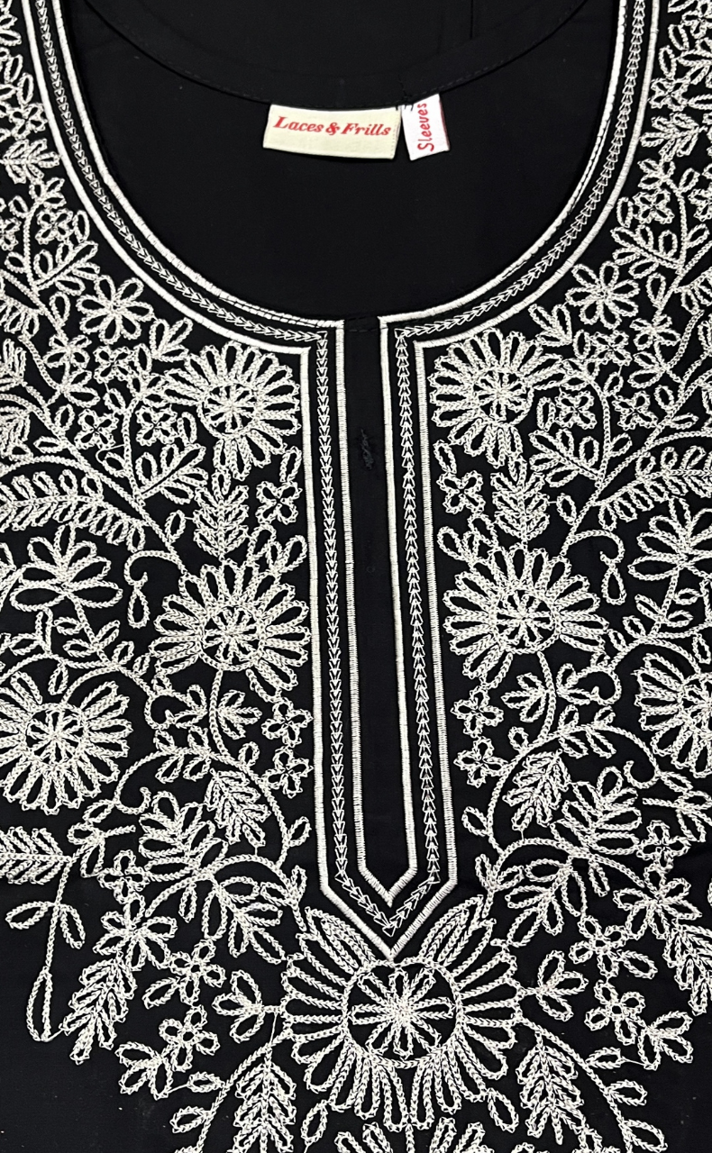 Black Embroidery Soft Cotton Long Sleeves Nighty. Soft Breathable Fabric | Laces and Frills