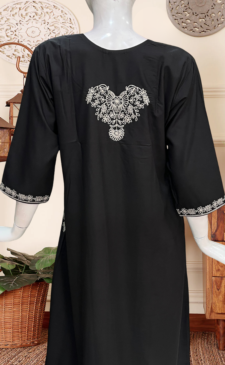 Black Embroidery Soft Cotton Long Sleeves Nighty. Soft Breathable Fabric | Laces and Frills