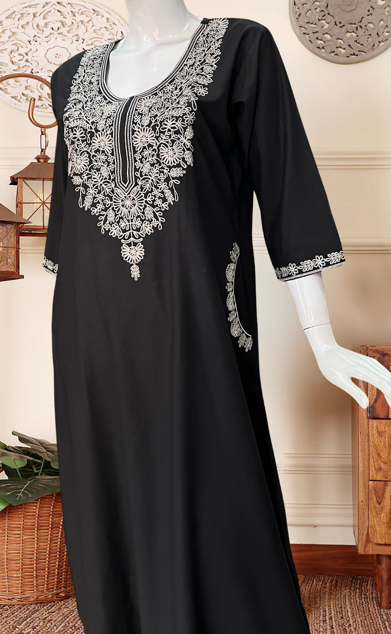 Black Embroidery Soft Cotton Long Sleeves Nighty. Soft Breathable Fabric | Laces and Frills