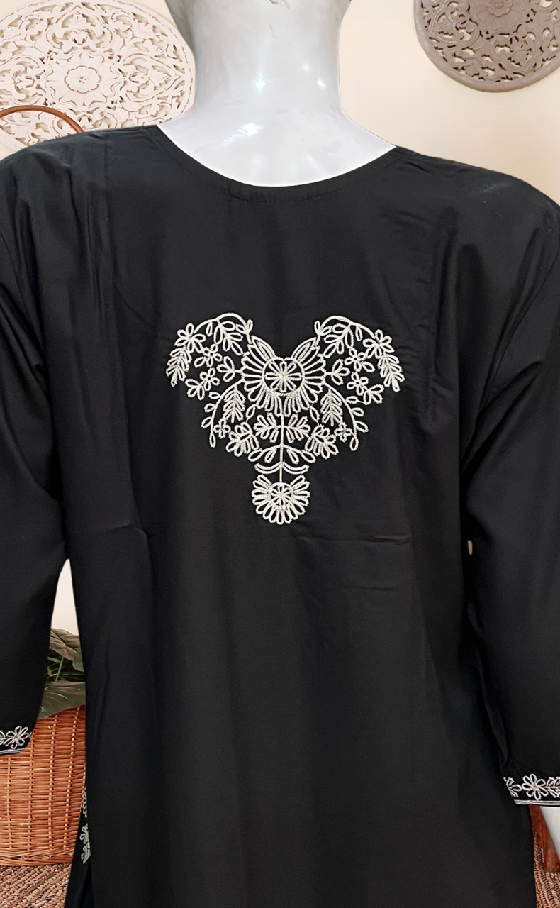 Black Embroidery Soft Cotton Long Sleeves Nighty. Soft Breathable Fabric | Laces and Frills