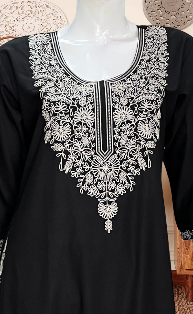 Black Embroidery Soft Cotton Long Sleeves Nighty. Soft Breathable Fabric | Laces and Frills