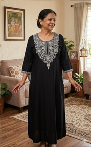 Black Embroidery Soft Cotton Long Sleeves Nighty. Soft Breathable Fabric | Laces and Frills - Laces and Frills