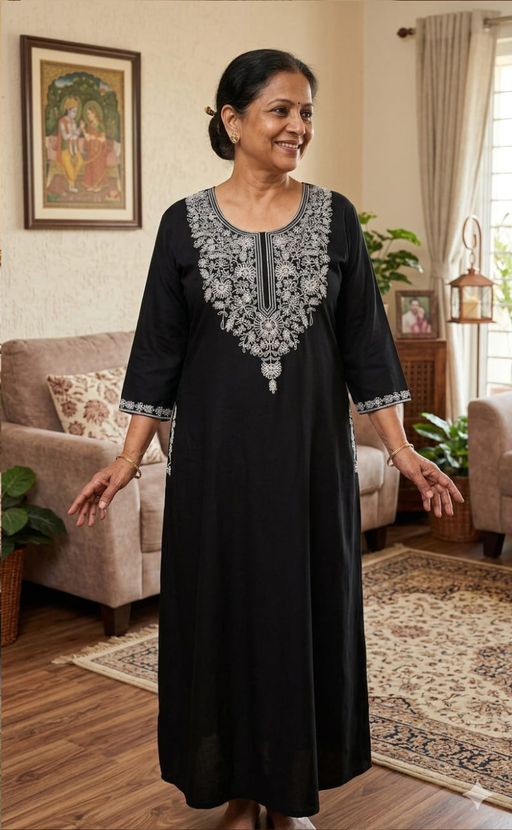 Black Embroidery Soft Cotton Long Sleeves Nighty. Soft Breathable Fabric | Laces and Frills - Laces and Frills