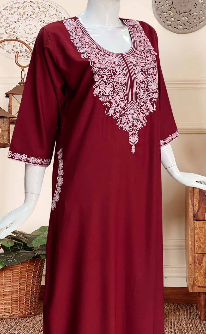 Maroon Embroidery Soft Cotton Long Sleeves Nighty. Soft Breathable Fabric | Laces and Frills