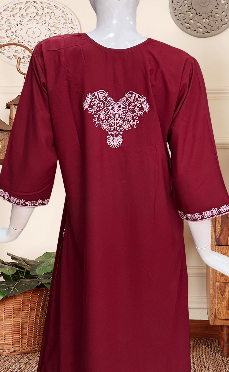 Maroon Embroidery Soft Cotton Long Sleeves Nighty. Soft Breathable Fabric | Laces and Frills