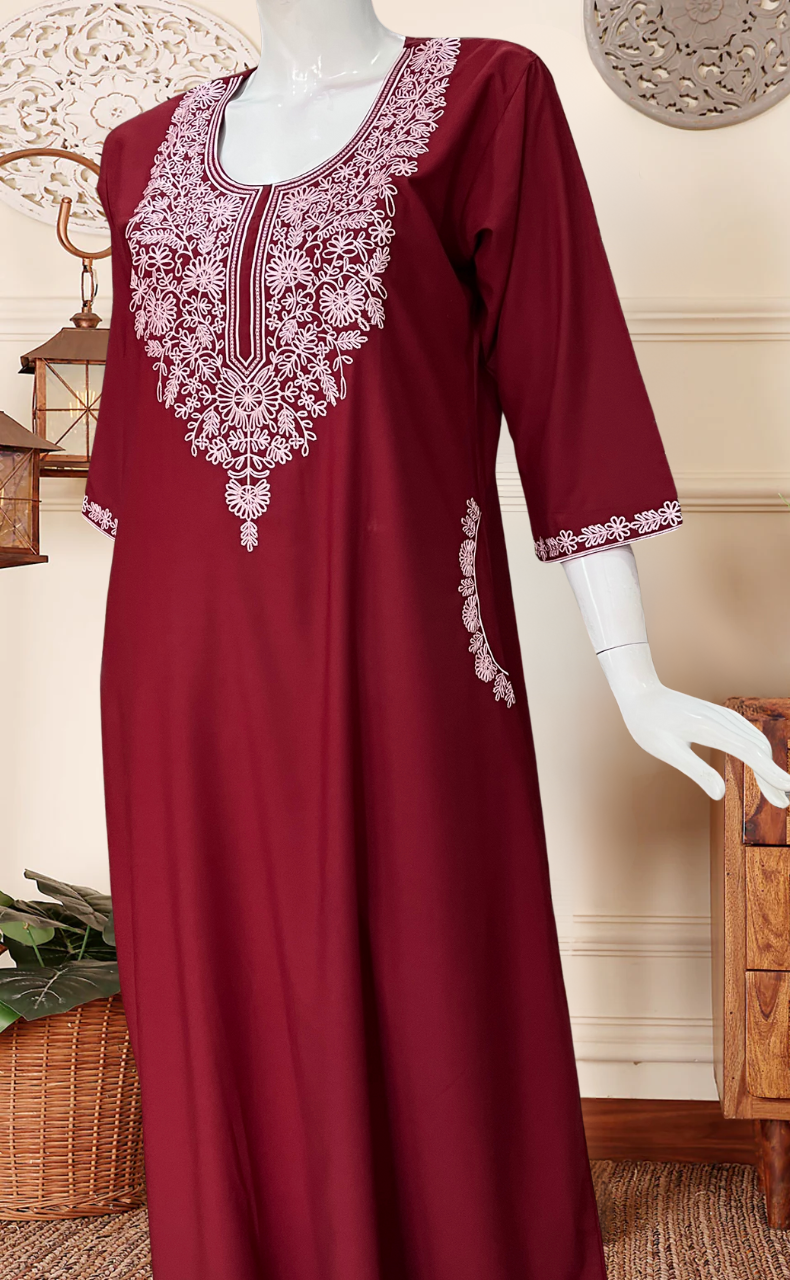 Maroon Embroidery Soft Cotton Long Sleeves Nighty. Soft Breathable Fabric | Laces and Frills