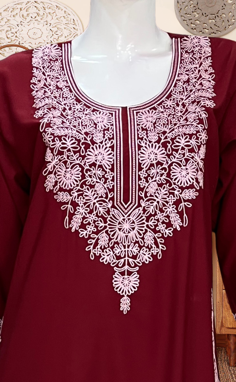 Maroon Embroidery Soft Cotton Long Sleeves Nighty. Soft Breathable Fabric | Laces and Frills