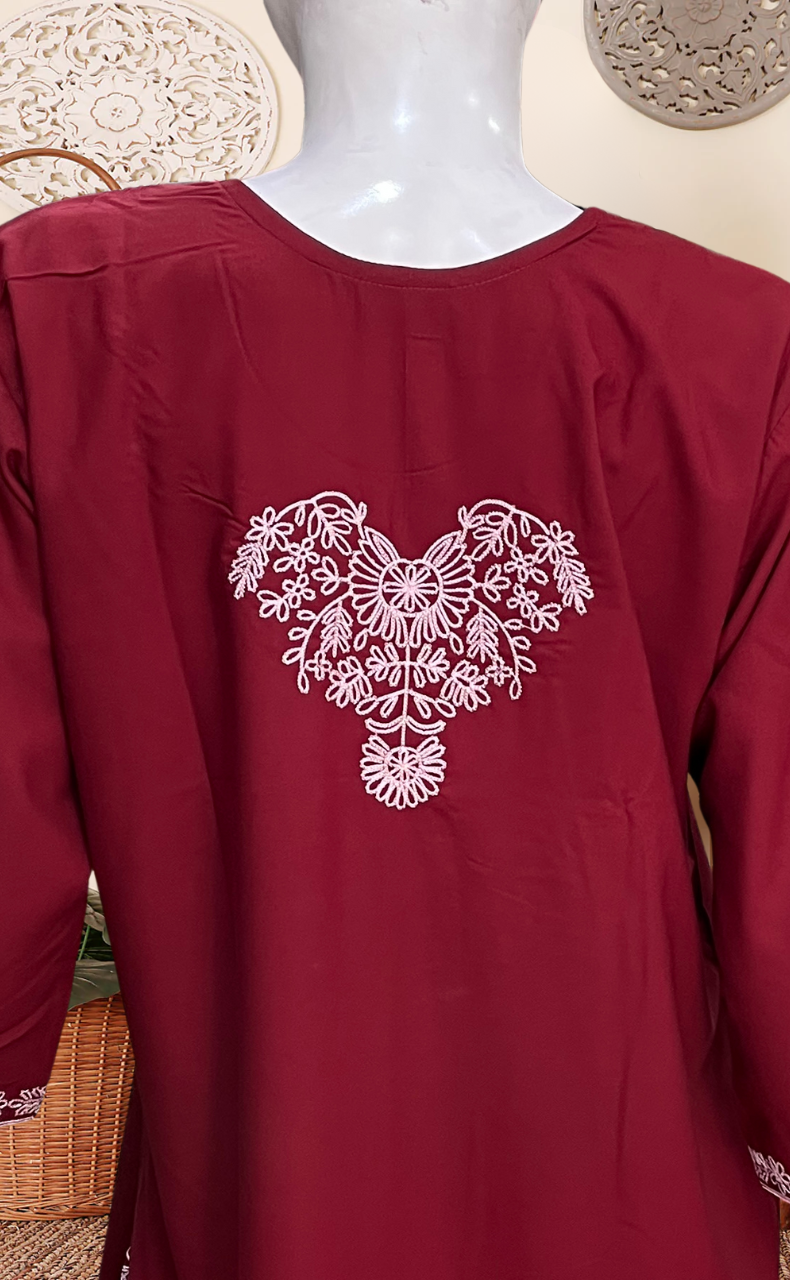 Maroon Embroidery Soft Cotton Long Sleeves Nighty. Soft Breathable Fabric | Laces and Frills