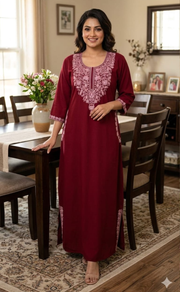 Maroon Embroidery Soft Cotton Long Sleeves Nighty. Soft Breathable Fabric | Laces and Frills - Laces and Frills