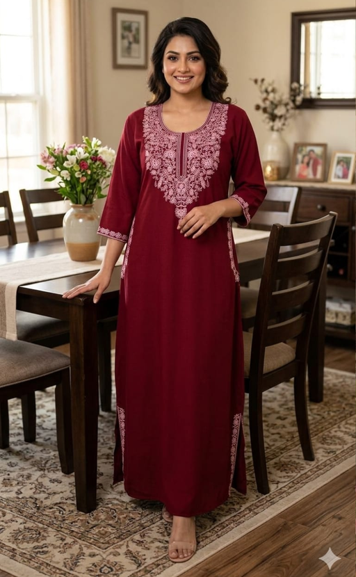 Maroon Embroidery Soft Cotton Long Sleeves Nighty. Soft Breathable Fabric | Laces and Frills - Laces and Frills
