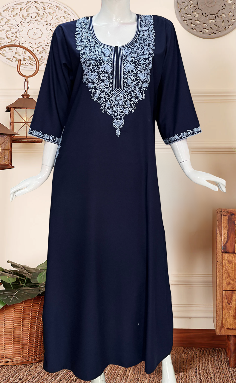 Navy Blue Embroidery Soft Cotton Long Sleeves Nighty. Soft Breathable Fabric | Laces and Frills