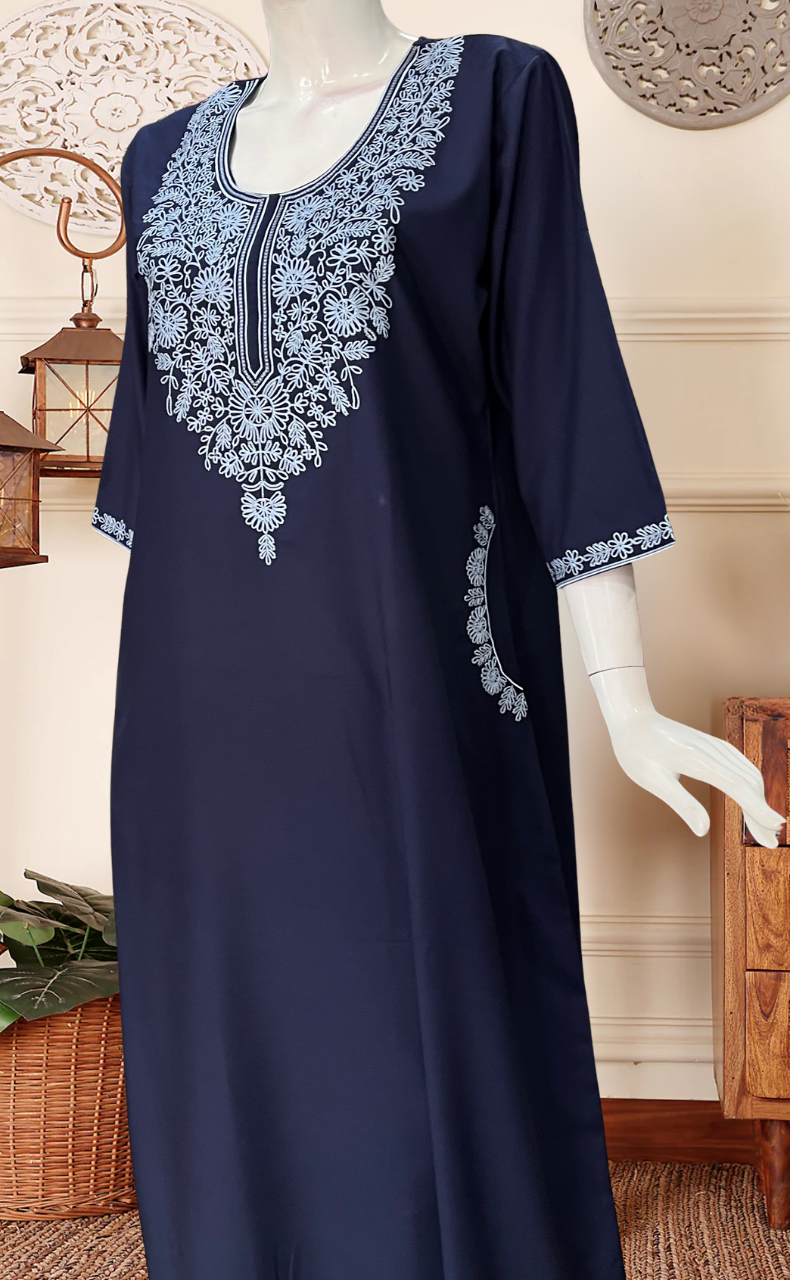 Navy Blue Embroidery Soft Cotton Long Sleeves Nighty. Soft Breathable Fabric | Laces and Frills