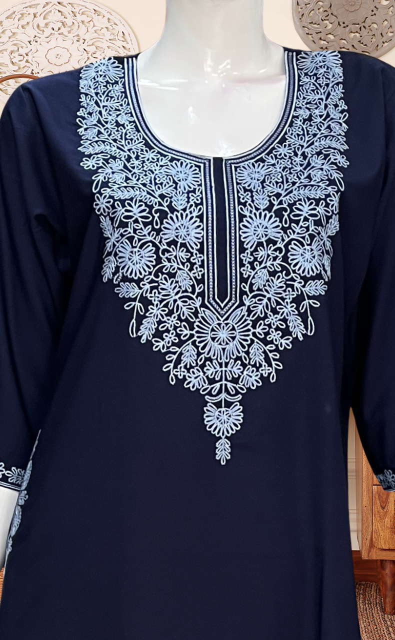 Navy Blue Embroidery Soft Cotton Long Sleeves Nighty. Soft Breathable Fabric | Laces and Frills